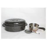 Set of 3 Cookware Items: Oval Roaster, Stainless Steel Saucepan, and Mini Frying Pan