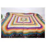 Colorful Handmade Crochet Blanket with Fringe Accents