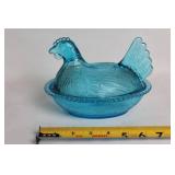 Vintage Blue Glass Hen on Nest Candy Dish