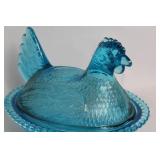 Vintage Blue Glass Hen on Nest Candy Dish
