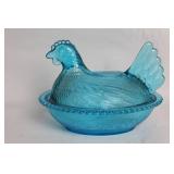 Vintage Blue Glass Hen on Nest Candy Dish