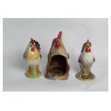 Set of 4 Ceramic Rooster Figurines and Tray