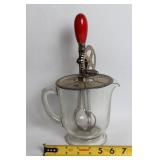 Vintage Glass Hand Mixer with Red Handle and Measuring Cup
