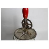 Vintage Glass Hand Mixer with Red Handle and Measuring Cup