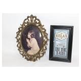 Set of 2 Decorative Wall Art Pieces: Ornate Oval Portrait and Bath Print