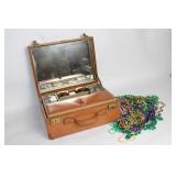 Vintage Leather Makeup Case with Assorted Mardi Gras Beads