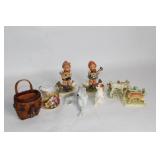 Set of 10 Porcelain Collectible Figurines and Miniature Basket