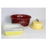 Set of 3 Kitchenware Items: Red Oval Dish, Yellow Cheese Keeper With Mouse, and Yellow Baking Dish