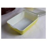 Set of 3 Kitchenware Items: Red Oval Dish, Yellow Cheese Keeper With Mouse, and Yellow Baking Dish