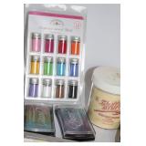 Large Assortment of Craft Supplies Including Embossing Powders, Inks, and Chalks