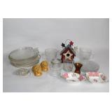 Vintage Glassware Collection with Decorative Birdhouse