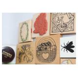 Collection of Assorted Rubber Stamps with Wooden Blocks - Holiday and Floral Themes