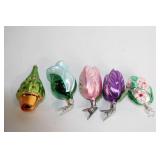 Set of 5 Vintage Glass Christmas Ornaments with Floral and Tree Designs