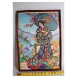 Asian Inspired Wood Carved Dragon Art Piece and Framed Kimono Woman Artwork