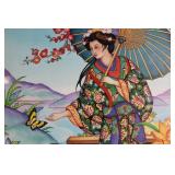 Asian Inspired Wood Carved Dragon Art Piece and Framed Kimono Woman Artwork