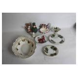 Collection of Christmas Themed Porcelain Dinnerware and Decorations