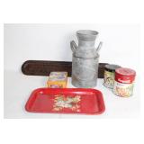 Vintage Galvanized Milk Can, Wooden Tray, and Assorted Tin Cans Set