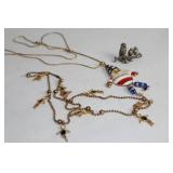 Group of 3 Unique Costume Jewelry Necklaces and Owl Figurine