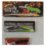 More Pocket Knives (1) Buck Shot Cutlery - Mustang Trapper / 18 - 285GR (1) Tac Xtreme - Tac - Lockback / TX - 089GRN (1) Tac Xtreme / TX -181B **NEW (See Photos to View Knives & Details)