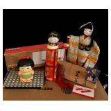 Vintage Japanese Dolls including Scroll, Wooden Box, Ornament and More