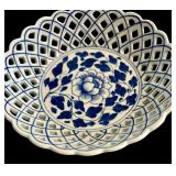 Two Beautiful Blue and White Bowls with Lattice Edging