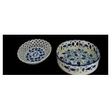 Two Beautiful Blue and White Bowls with Lattice Edging