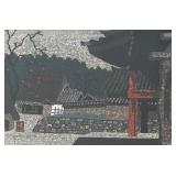 "Temple and Persimmon Tree" Woodblock Print by Kiyoshi Saito