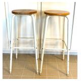 Two White Metal Kitchen Stools with Wooden Seats