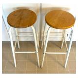 Two White Metal Kitchen Stools with Wooden Seats