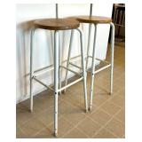 Two White Metal Kitchen Stools with Wooden Seats