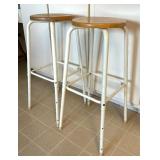 Two White Metal Kitchen Stools with Wooden Seats
