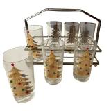 Vintage MCM Set of 7 Culver Gold Jeweled Christmas Tree Highball Tumbler Glasses w/ Caddy Mid-Century