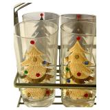 Vintage MCM Set of 7 Culver Gold Jeweled Christmas Tree Highball Tumbler Glasses w/ Caddy Mid-Century