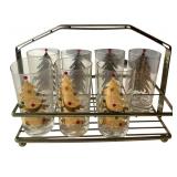 Vintage MCM Set of 7 Culver Gold Jeweled Christmas Tree Highball Tumbler Glasses w/ Caddy Mid-Century