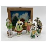 Vintage Set of 5 Porcelain Figurines and Miniature Rustic Chalet Wall Art