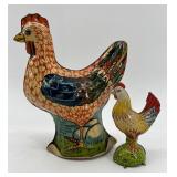 Vintage Tin Toy Set: Cackling Hen of Paradise and Chick