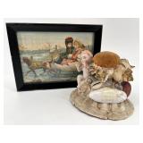 Victorian Shell Pincushion and Framed Antique Postcard