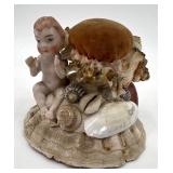 Victorian Shell Pincushion and Framed Antique Postcard