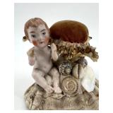 Victorian Shell Pincushion and Framed Antique Postcard