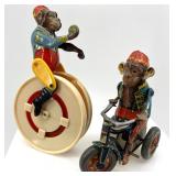 Vintage Tin Wind-Up Toy Monkey Set with Tricycle and Drummer including Kohler