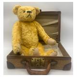 Vintage Jointed Teddy Bear with Wicker Suitcase by Jenny