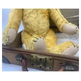 Vintage Jointed Teddy Bear with Wicker Suitcase by Jenny