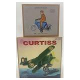 Set of 2 Vintage Tin Toy Models: Curtiss Biplane & Motorcycle Rider