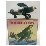 Set of 2 Vintage Tin Toy Models: Curtiss Biplane & Motorcycle Rider