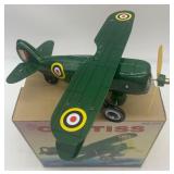 Set of 2 Vintage Tin Toy Models: Curtiss Biplane & Motorcycle Rider