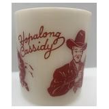 Gene Autry Cowboy Boots Sign with Vintage Davy Crockett Glass, Hopalong Cassidy Mug, and Toy Gun