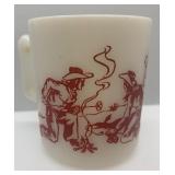 Gene Autry Cowboy Boots Sign with Vintage Davy Crockett Glass, Hopalong Cassidy Mug, and Toy Gun