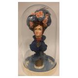 Antique Lady Bust Doll in Glass Dome with Floral Hat