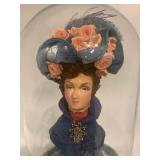 Antique Lady Bust Doll in Glass Dome with Floral Hat