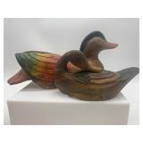 Pair of Handcarved Wooden Duck Figurines with Colorful Details